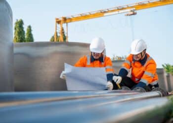 Engineers discuss blueprints on steel pipe installation in Singapore.